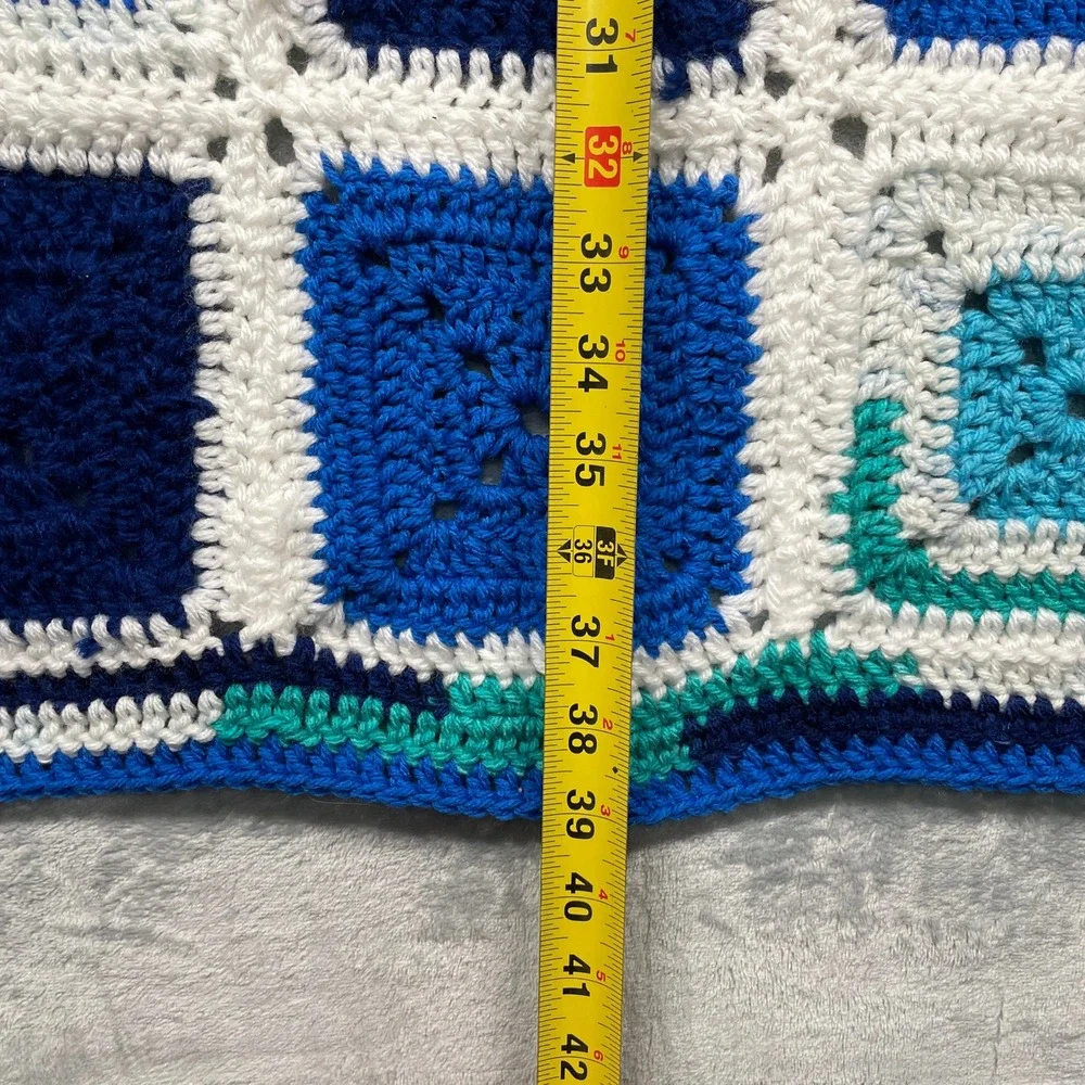 Handmade Granny Square Crochet Blanket Blue White Teal Throw Cozy 39 x 32